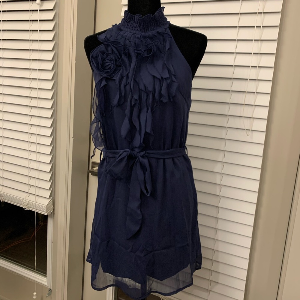 Navy Sleeveless Mockneck Dress with Flower & Ruffles